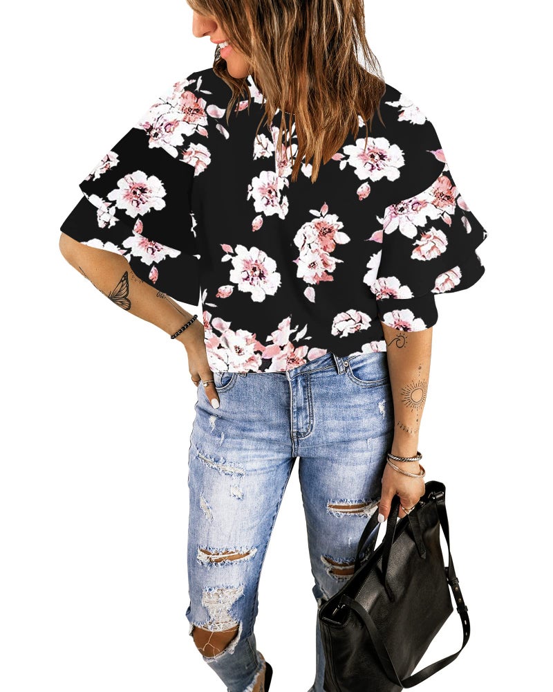luvamia Women's Casual 3/4 Tiered Bell Sleeve Crewneck Loose Tops Blouses Shirt D Floral Print Black Size L - Image 4
